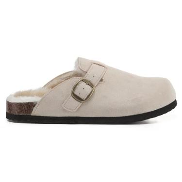 Imagem de VIVASHOES Tamanco feminino de camurça com fivela – Mule clássico de bico fechado com alça ajustável, palmilha de cortiça e sola de borracha – Conforto sem esforço para dias aconchegantes, descanso e