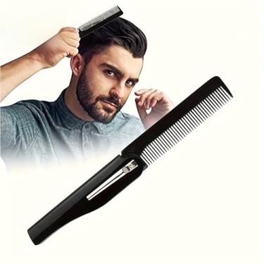 Imagem de 3 Pentes de barba dobráveis para homens, bigode de dente fino e pente de cabelo curto, mini kit de viagem de bolso para cuidados pessoais em casa, academia, carro, escritório - preto