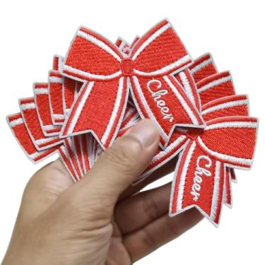 Imagem de FSFYXHC 12 pçs Game Day Cheer Girl Bow Iron On Bordado Remendos Apliques Máquina Bordado Bordado Costura Crianças Meninas Meninos DIY 7,6 cm x 6,3 cm (Vermelho)