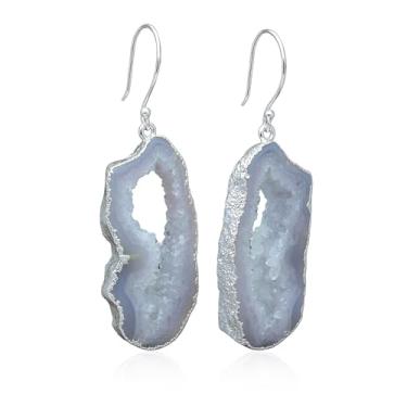 Imagem de Dazzle Appeal Brinco pendente, brinco de pedra de ágata para mulheres, feito à mão, brincos de quartzo drusa natural para aniversário, casamento (cinza), 30-40mm, Latão, Ágata