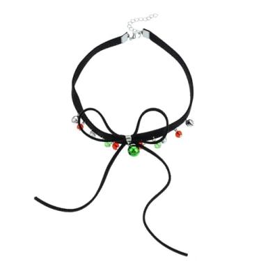 Imagem de NewZenro Jingle Bell Colar gargantilha de Natal com laço de veludo preto para mulheres delicado verde vermelho cristal pingente borla colar corrente ajustável moda joias modernas para enfeite de Natal