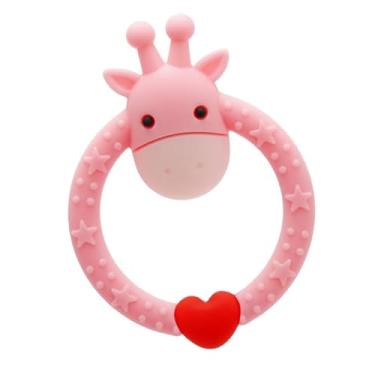 Imagem de Yunseity Brinquedo de Dentição de Girafa de Desenho Animado Adorável e Requintado Massageador de Goma para bebê, Brinquedo Sensorial Mastigável de Silicone para Compras, Viagens (Róseo)