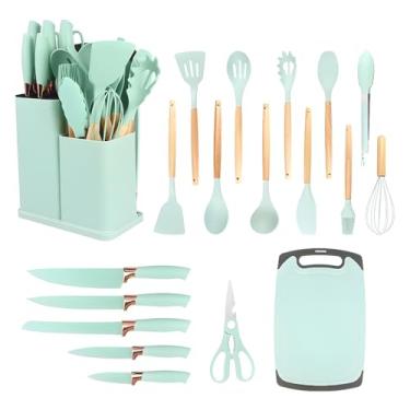Imagem de Kit 19 Peças Utensilios Cozinha Silicone Com Facas Antiaderente Cabo De Madeira Tratada Kit Com Colher Concha Espatula Pegador Tesoura Tabua - Jogo Completo Premium Verde-Agua.