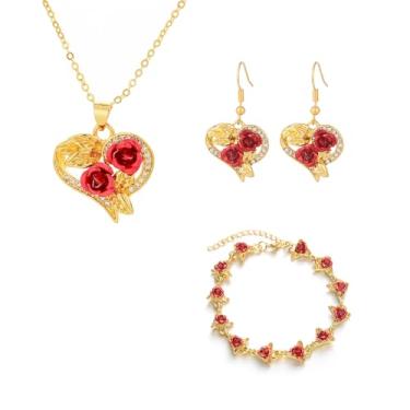 Imagem de QLUYCKW Conjunto de 3 peças de joias de rosa vermelha para mulheres, colar com pingente de flor de rosa delicada, vintage, pulseira de flor vermelha, brincos pendentes de casamento e dia dos namorados