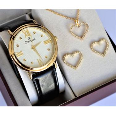 Imagem de Relogio champion dourado couro ch22822w + kit semi joia