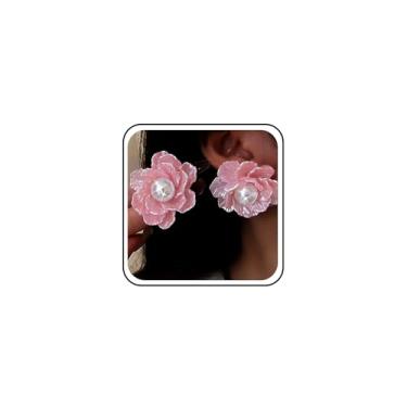 Imagem de Sttiafay Brincos grandes de flor de acrílico, branco, redondo, grande, pérola, casamento, brincos de pétala de flor de resina, brincos florais leves, joias de noiva para mulheres, Zinco, Sem pedra