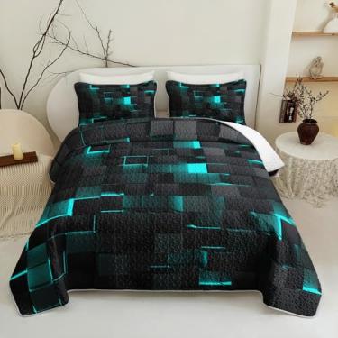 Imagem de Conjunto de edredom Queen de geometria preta ciano, 3 peças, de microfibra de colmeia neon, brilhante, macio, leve, colcha de cama (224 x 246 cm) com 2 fronhas (50,8 cm x 76,2 cm)