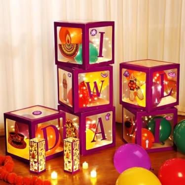 Imagem de Seenelling Kit de decoração de 47 peças de Diwali, inclui 6 caixas de balões decorativos, 20 balões, 6 letras Diwali, 6 adesivos de papelão Diwali, 6 cordões de luz, 4 colas, para decorações de festa