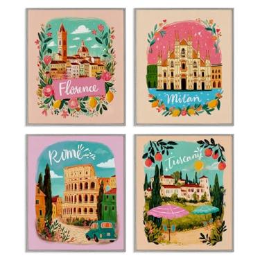 Imagem de Stupell Industries Italy Travel Locations with Florals Conjunto de arte giclée emoldurado cinza de 4 peças, design por Yen, 20 x 16