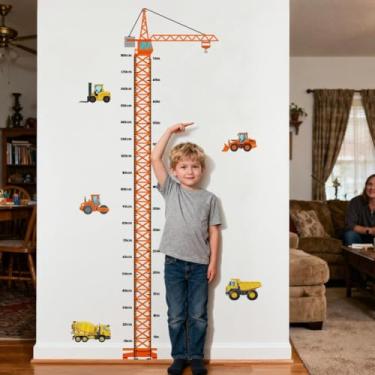Imagem de Peacoblue Adesivos de parede com régua de altura de veículo de engenharia, decalques para decoração removível, 2 folhas 30 x 96 cm, murais de parede de vinil para quarto, sala de costura, banheiro