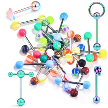 Imagem de Pnsgisr 14G Anéis de língua piercing joias para mulheres homens aço cirúrgico metal lingueta barra acrílico conjunto 29 peças, Metal, Zircônia cúbica