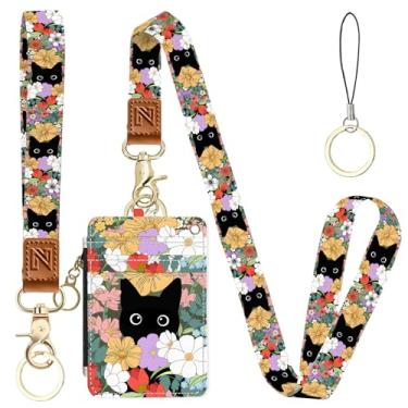 Imagem de Porta-crachá de identificação 2 em 1 Gato escondido nas flores e carteira com cordão para professores, enfermeiras, profissionais - linda bolsa de moedas com zíper, alça de pulso removível e cordão de