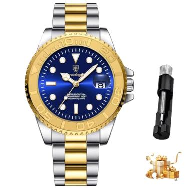 Imagem de Relógio Cronógrafo Masculino para Negócios, Relógio de Quartzo em Aço Inoxidável, Exibição Automática de Data, Dourado-Azul 680