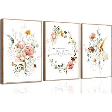 Imagem de 3 peças de arte de parede em tela de flores rosa em um campo de rosas ela é uma flor silvestre decoração de imagem em aquarela guirlanda impressão de pôster arte para berçário sala de estar meninas