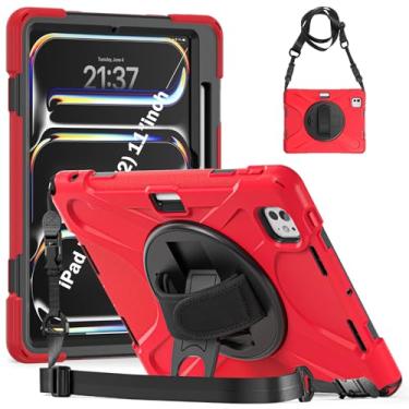 Imagem de Capa para iPad Pro 11 2024 (M4) com compartimento para lápis - Capa protetora resistente à prova de choque, alça de mão giratória de 360°, suporte, cantos de silicone e alça de ombro para iPad Pro de