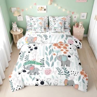 Imagem de Erosebridal Jogo de cama infantil com estampa de animais de zoológico, safári para meninas e meninos, lençol com elástico, lençol de cima, lençol de cima, flores rosa e folha verde em uma bolsa