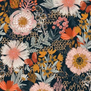 Imagem de Simon&Siff Papel de parede Boho Peel and Stick vintage floral papel de parede azul marinho/branco/laranja/rosa 45 x 203 cm papel de contato removível para armários de quarto, gavetas de prateleiras