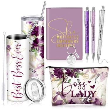 Imagem de Skylety Conjunto de 7 peças de presentes de Natal para mulheres, Best Boss Ever Gift Idea 590 ml, copo de aço inoxidável, bolsa de maquiagem, notebook, porta-chaves, canetas esferográficas, presentes