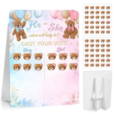 Imagem de Poen Tabuleiro de jogo Bear Gender Reveal com suporte, 60 adesivos de urso para ele ou ela, dê seu voto, suprimentos de festa de chá de bebê, decorações de jogos de adivinhação de meninos ou meninas