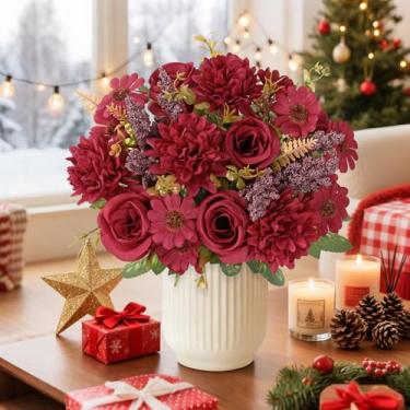 Imagem de Dremisland Flores artificiais de Natal como buquê artificial de verdade, 2 pacotes de buquê de rosas artificiais de seda com margarida, crisântemo, flores bordô para mesa de centro de mesa de Natal