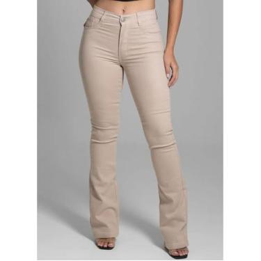 Imagem de Calça Jeans Feminina Flare Cintura Alta Sawary Bege Elegante Qualidade