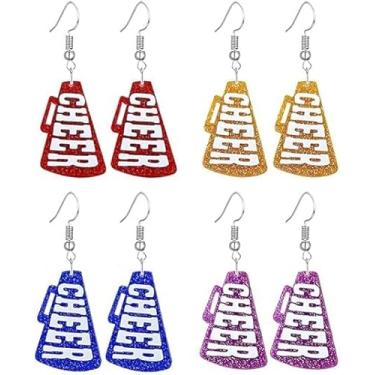 Imagem de 4 pares de brincos de megafone cheerleader com glitter para mulheres, leves, brincos de acrílico para o dia do jogo, rugby, futebol, jogo, dia, joia, presentes, Extra large, Liga de aço, Sem pedra