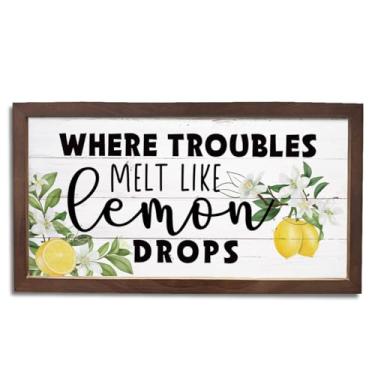 Imagem de Placa de decoração de limão, decorações de casa de verão, arte de parede de cozinha, placa decorativa de parede de madeira, placas de madeira emolduradas rústicas, onde os problemas derretem como