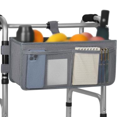 Imagem de Cesta para andador dobrável com suporte de copo, bolsa de armazenamento dobrável removível, grande capacidade de armazenamento para idosos, acessório de transporte, Cinza, 16.5 inches (L) x 5.7 inches