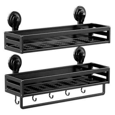 Imagem de CIBOTIES Suporte para chuveiro, ventosa de 39,9 cm, pacote com 2, prateleira de chuveiro com ganchos sem perfuração, organizador de banheiro à prova de ferrugem, preto