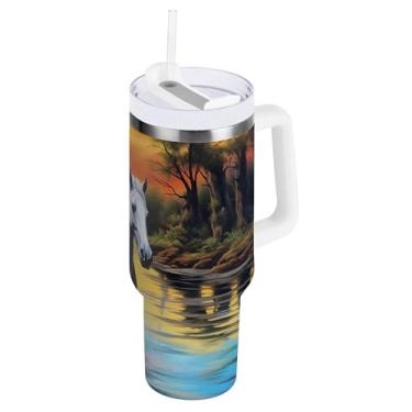 Imagem de xigua Copo Majestic Horse de 850 g com tampa e canudo, aço inoxidável de vácuo duplo isolado garrafa de água esportiva suporte de copo de café de viagem à prova de vazamento para bebida gelada