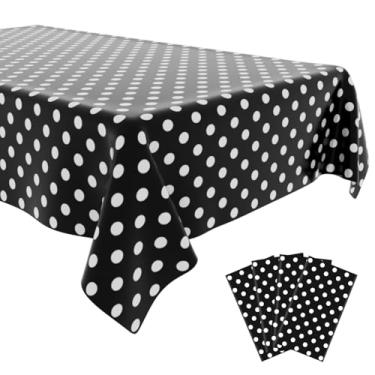 Imagem de OLIVBIN Pacote com 4 toalhas de mesa pretas de bolinhas, toalhas de mesa pretas e brancas, capa de mesa retangular de plástico descartável, adequada para mesas retangulares (137 x 272 cm)