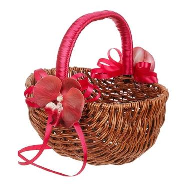 Imagem de KiBcsLic Cesta de portátil com alça, imitação de vime, ideal para daminhas de honra, piqueniques, praia, Natal e festivais ao ar livre. Feita em, com Flor Vermelha Rosa