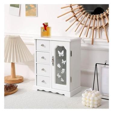 Imagem de HGTRH Caixa de joias de madeira maciça, organizador de joias com 4 gavetas/design de porta dupla, colar embutido, carrossel e espelho para colares, brincos, anéis C