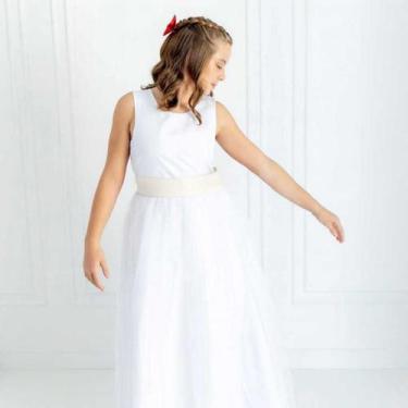 Imagem de Vestido Infantil Longo Branco FAIXA OFF white bege claro Daminha Casam