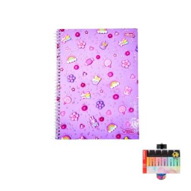 Imagem de Kit Caderno Universitário Vibe Feminino 10M 160F Tilibra Caneta Esferográfica Spiro Glow 24 Unidades Marca Texto Boss 6 Cores Pastel