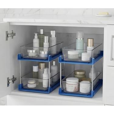 Imagem de Pacote com 2 organizadores de pneu embaixo da pia, organizadores e armazenamento de banheiro, gavetas de armário, organização removível com trilho para despensa, cozinha, geladeira, bancada (azul)