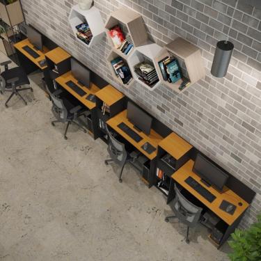 Imagem de Conjunto De Escritório Tech 3 Livreiro E 4 Mesas 90cm - Vian - Preto E Cedro Preto E Cedro