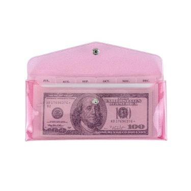 Imagem de AxeWoodz Carteira envelope para dinheiro com divisórias de bolso fosco de 6 abas reutilizáveis PVC para enchimento de dinheiro e orçamento organizador de dinheiro (purpurina rosa)