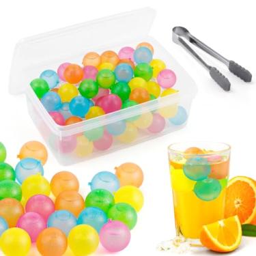 Imagem de PUREZON Pacote com 60 cubos de gelo reutilizáveis com tampa e lixeira, bolas de gelo coloridas reutilizáveis, cubos de plástico redondos para bebidas, uísque, café, coquetéis, vinho, cerveja, não