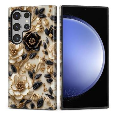 Imagem de ZHEGAILIAN Capa para Samsung Galaxy S23 Ultra, capa rígida à prova de choque + silicone macio 2 em 1, híbrido, à prova de choque, proteção contra quedas, flor preta e branca