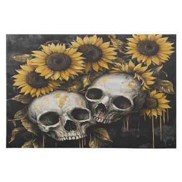 Imagem de CEBUGI Tapete de área 60 x 90 cm, macio, lavável, antiderrapante, com suporte de borracha, caveira, girassóis, tapetes para sala de estar, quarto, decoração de casa