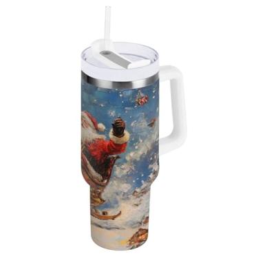 Imagem de Burbuja Copos isolados de Natal Papai Noel no trenó 1,134 g com alça e tampa de palha, caneca de viagem de aço inoxidável de parede dupla à prova de vazamento, livre de BPA, presente para mamãe papai