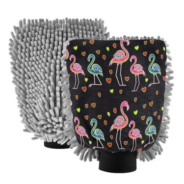 Imagem de STAYTOP Luvas de lavagem de carro flamingo lindas e misteriosas, 2 peças, luvas de microfibra de chenille, sem arranhões, panos de esponja de lavagem ultra absorventes para carros, limpeza doméstica