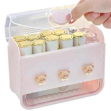 Imagem de sacxi Caixa organizadora de batom com 12 compartimentos e gaveta, estojo à prova de poeira para brilho labial, batom e cosméticos – Recipiente de maquiagem de mesa (rosa)