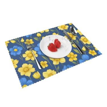 Imagem de Jogo americano de mesa de jantar requintado com estampa de flores azuis e amarelas tapetes laváveis antiderrapantes para cozinha decoração de casa