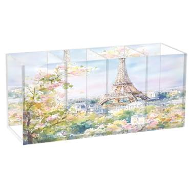 Imagem de Burbuja Porta-canetas de acrílico Cityscape Torre Eiffel, 4 compartimentos, suporte de lápis transparente para pincel de maquiagem estacionário, acessórios de mesa de escritório em casa