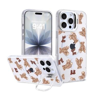 Imagem de Idocolors Linda capa magnética para iPhone 16 Pro Max, compatível com Magsafe, suporte de anel de lente embutido, capa de telefone transparente com ursinho de pelúcia para mulheres e meninas