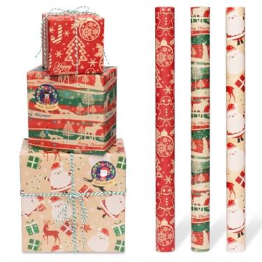 Imagem de Toptime Papel de embrulho de Natal – 3 rolos, rolo de papel kraft de 43 cm x 300 cm com adesivos, corda de 10 m, embrulho de presente de Natal vintage com design de árvore de Natal de rena de Papai
