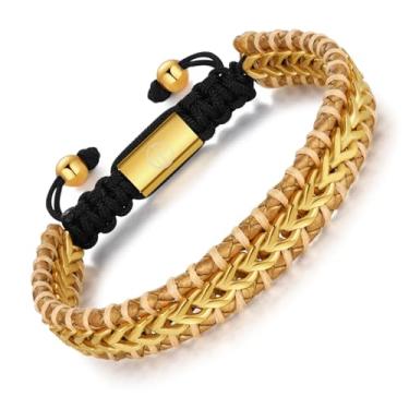 Imagem de WP WEPICK Pulseira masculina de couro banhado a ouro 18 quilates para homens e mulheres, ajustável, pulseira de couro trançada, feita à mão, feita à mão, For Wrist 6.5-8 Inch, Sem Pedra Preciosa