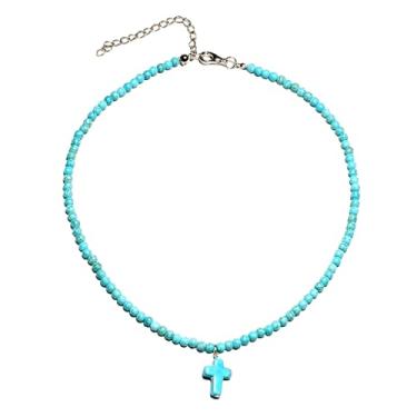 Imagem de LITRENDY Colar feminino com contas turquesa delicada, gargantilha boêmia, pingente de fé, joia masculina, presente